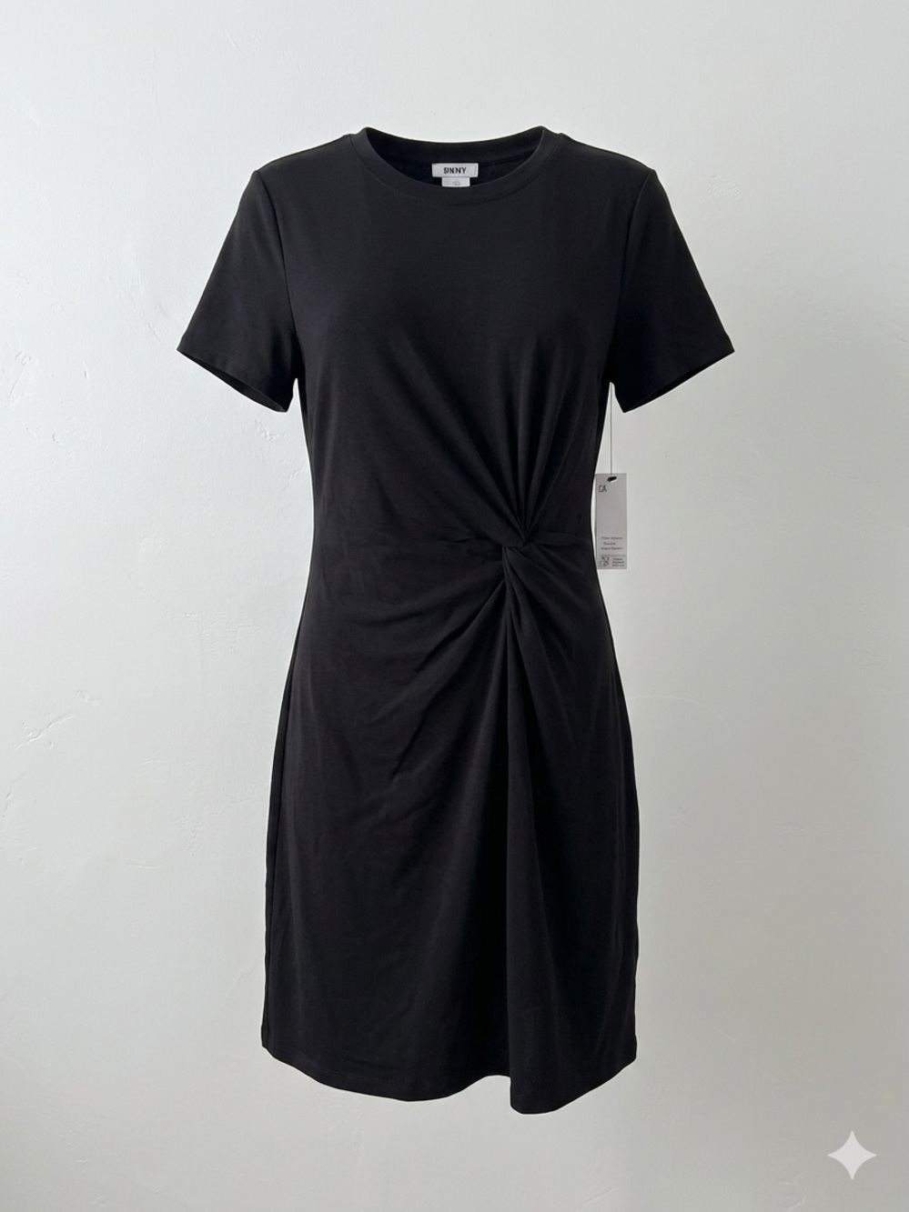 DKNY Twisted Front Midi Dress With a Crew Neckline and Short Sleeves.